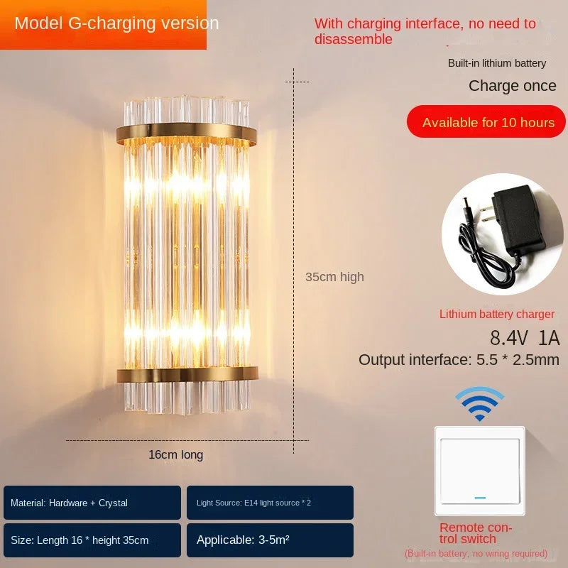 applique murale moderne en cristal rechargeable de luxe