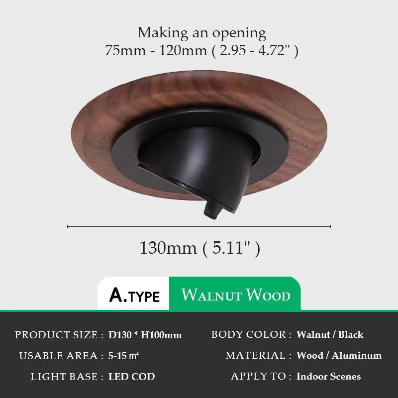 Walnut Wood Wall Wash Light, Modern Wabi-Sabi Vintage, Rotatable Recessed Spotlight for Living Room, Dining Room, Bedroom, Study