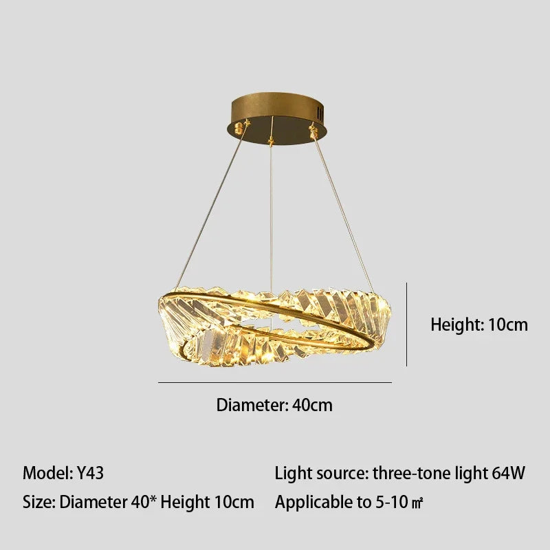 lustre moderne en cristal led avec anneau en acier décoratif