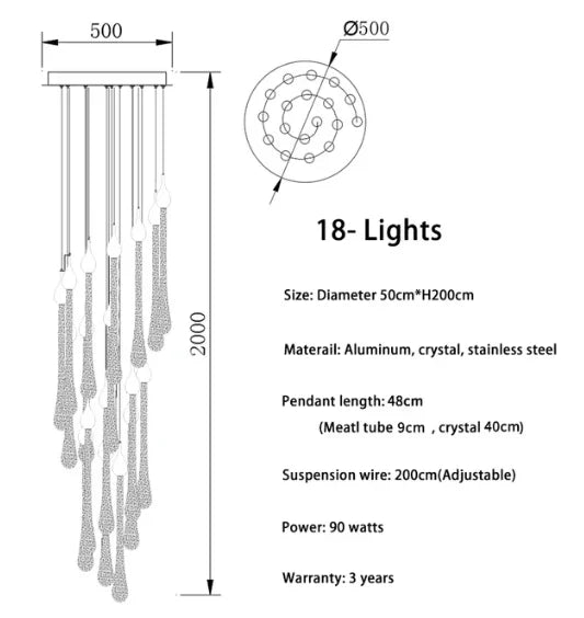lustre led moderne en cristal pour grand escalier