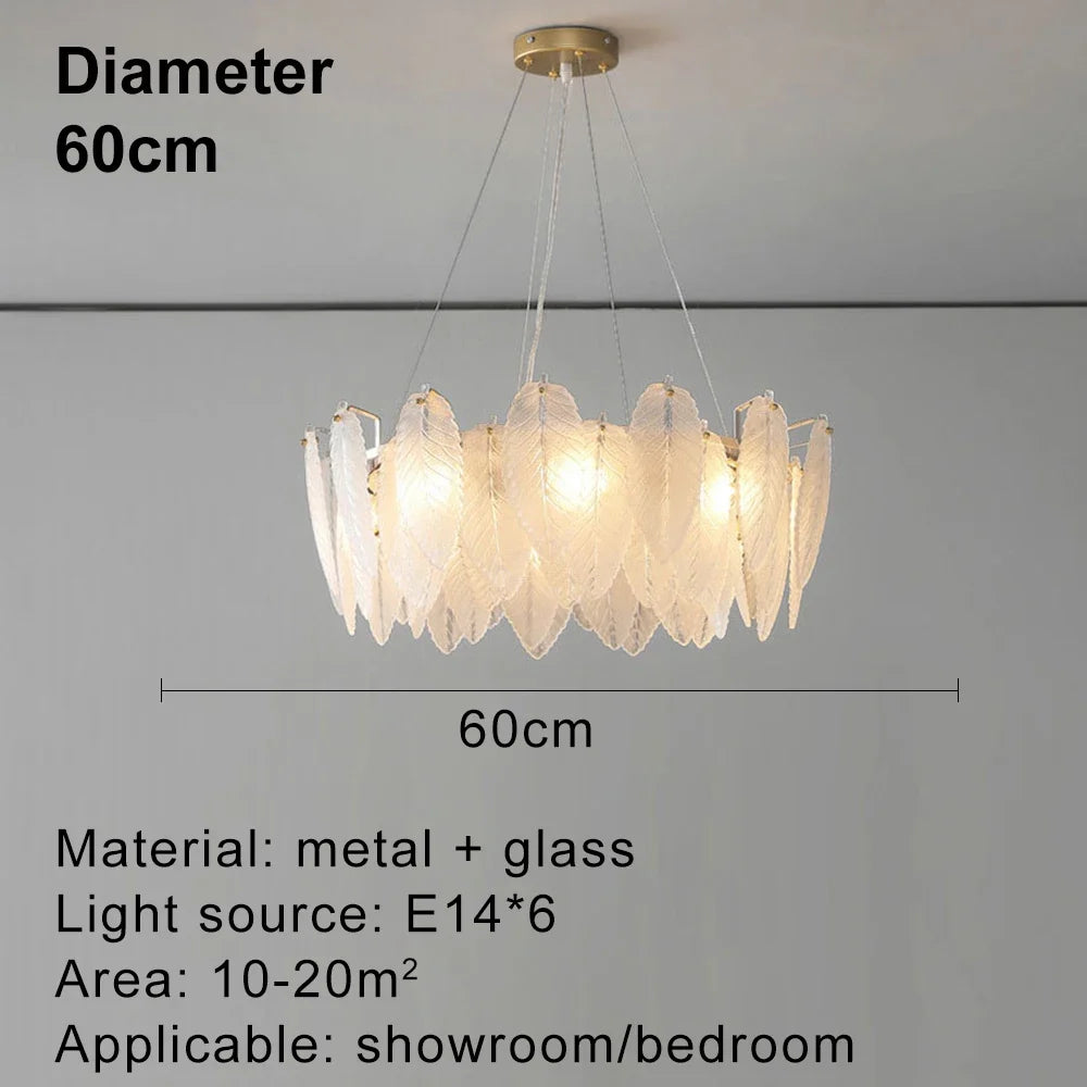 lustre moderne en verre avec plumes et lumière LED