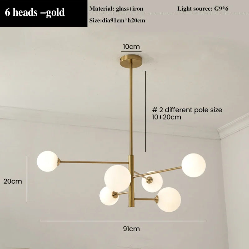 lustre led moderne en cuivre avec boule de verre mat