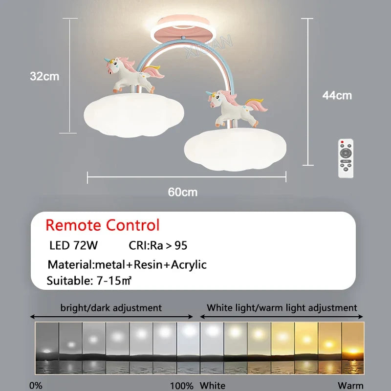 Dessin animé licorne lumière chambre d'enfant plafonnier avec télécommande nuage princesse chambre rose lustre lumière spectre complet