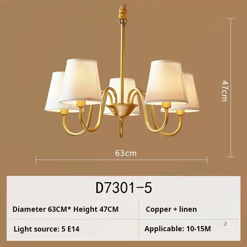 lustre américain rétro en cuivre avec led et tissu suspendu