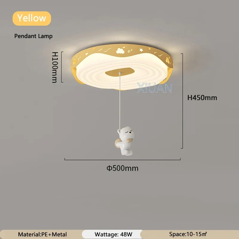 Nordic Kids Bedroom Pendant Lamps Pink Green Yellow Blue Rabbit Panda Bear Astronaut Children's Room Ceiling Light Round Shape