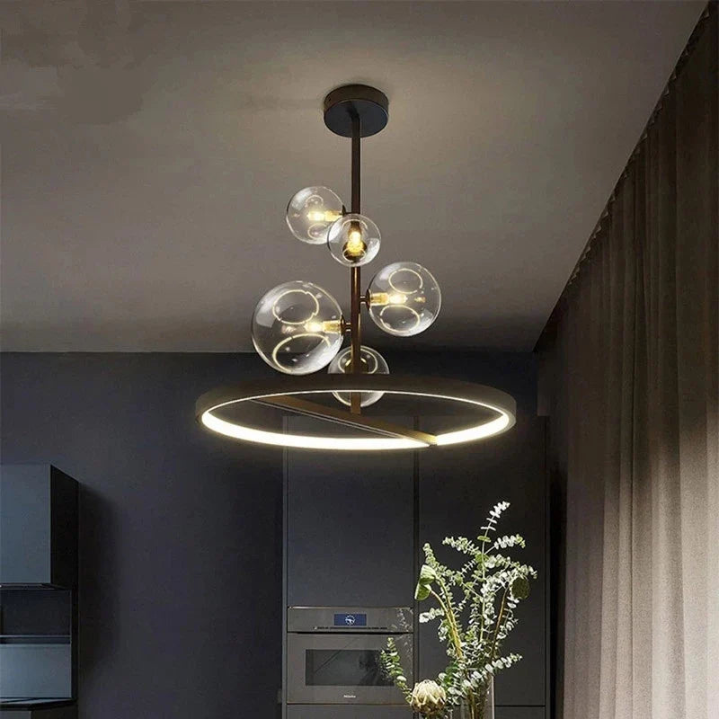 lustre moderne en verre transparent avec bulles en métal