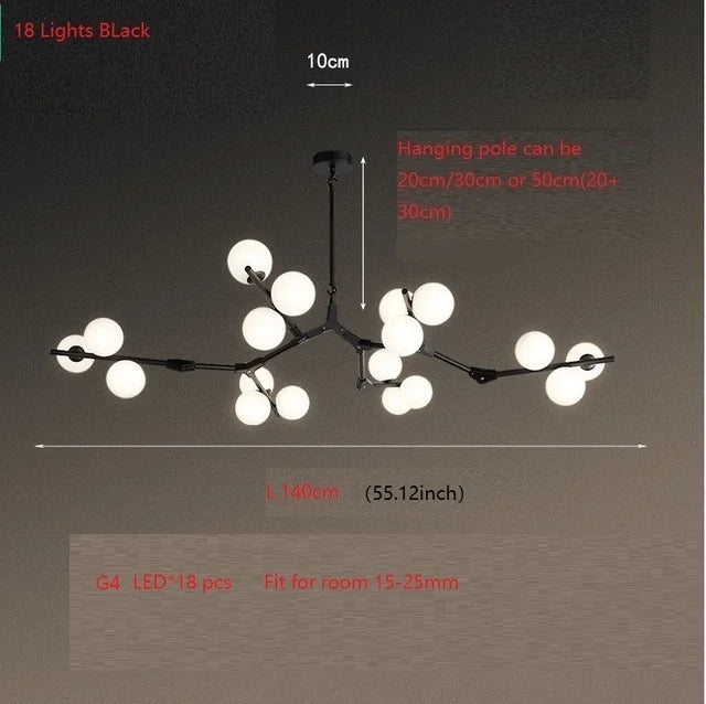 lustre en verre avec branches d'arbre et boules lumineuses