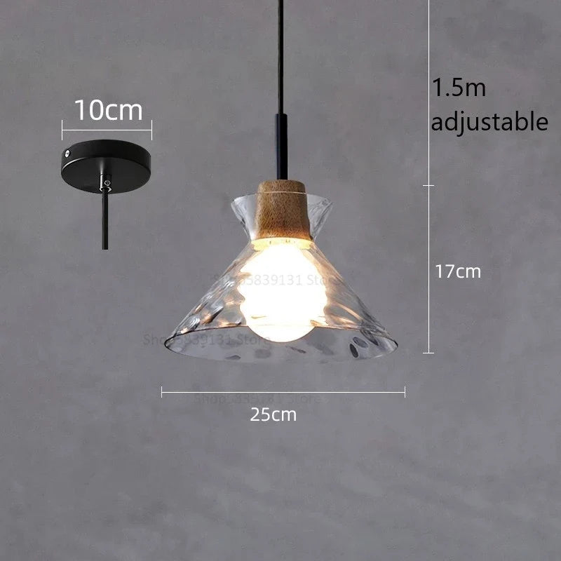 suspension led en verre grain d'eau et bois nordique rétro