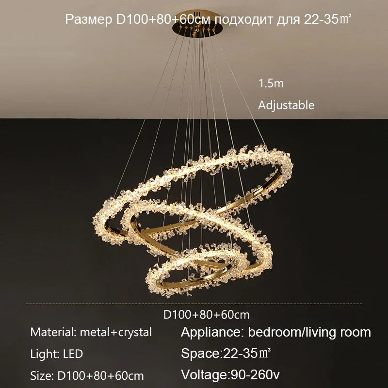 lustre moderne de luxe en cristal éclairage led annulaire variable