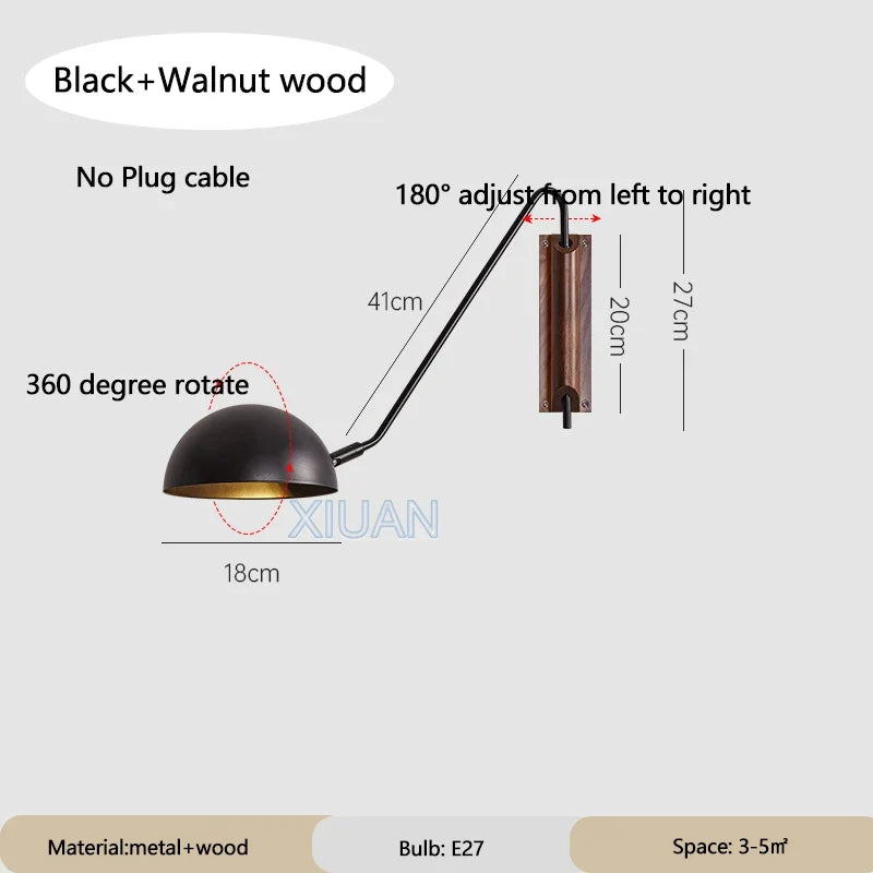 Nordic Bedroom Bedside Wall Lamps Plug In Wall Sconce Black White Iron Lampshade Swing Long Arms Wall Mounted Light E27