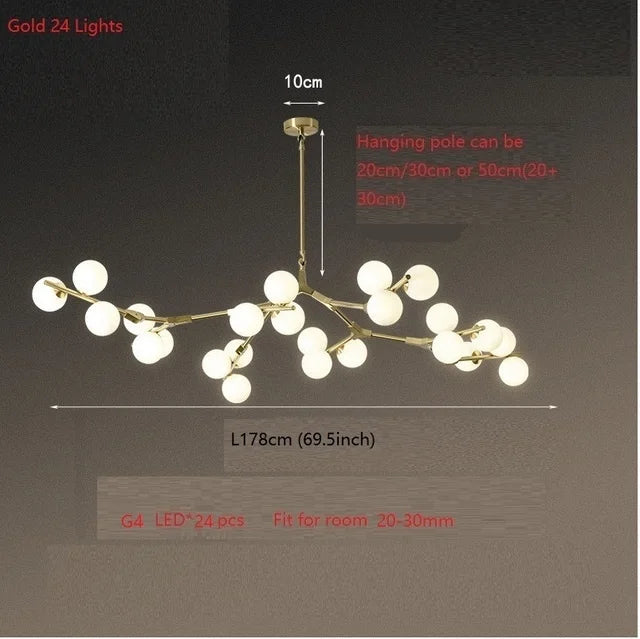 lustre en verre avec branches d'arbre et boules lumineuses