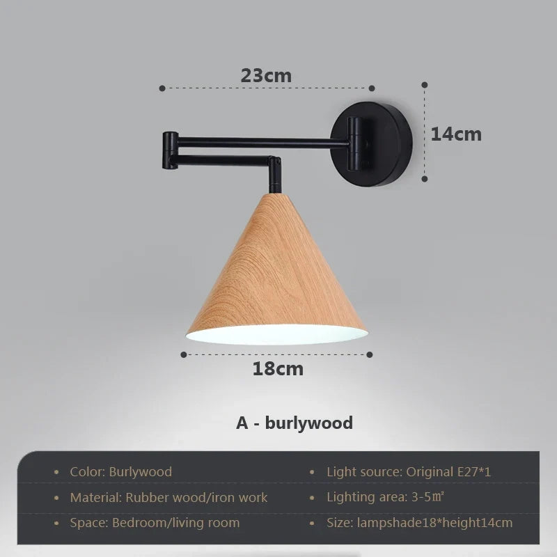 applique murale rotative en bois avec bras pivotant réglable
