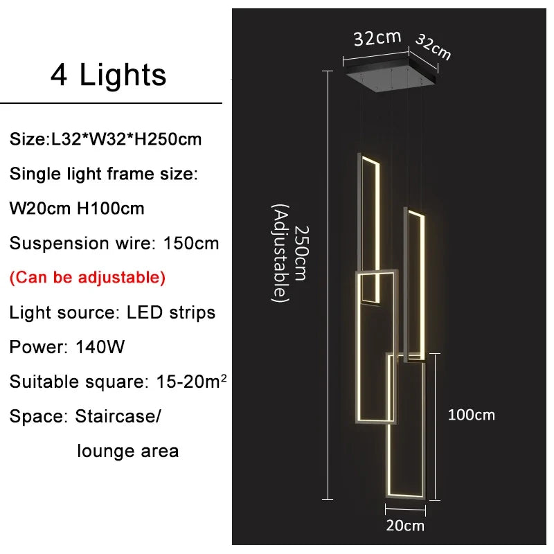 Grand lustre Or noir LED maison intérieur salon escalier Hall rectangulaire
