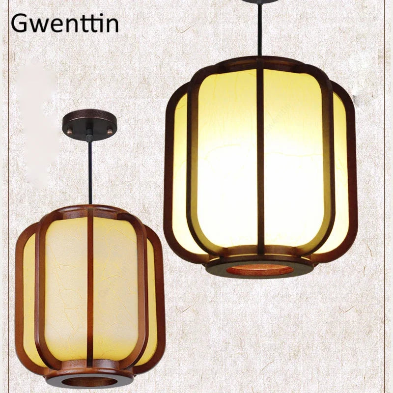 suspension en bois style chinois avec lanterne en peau de mouton