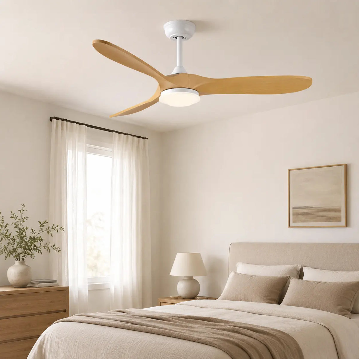 Ventilateur de plafond rétro bois miel et lampe intégrée — Cochenille