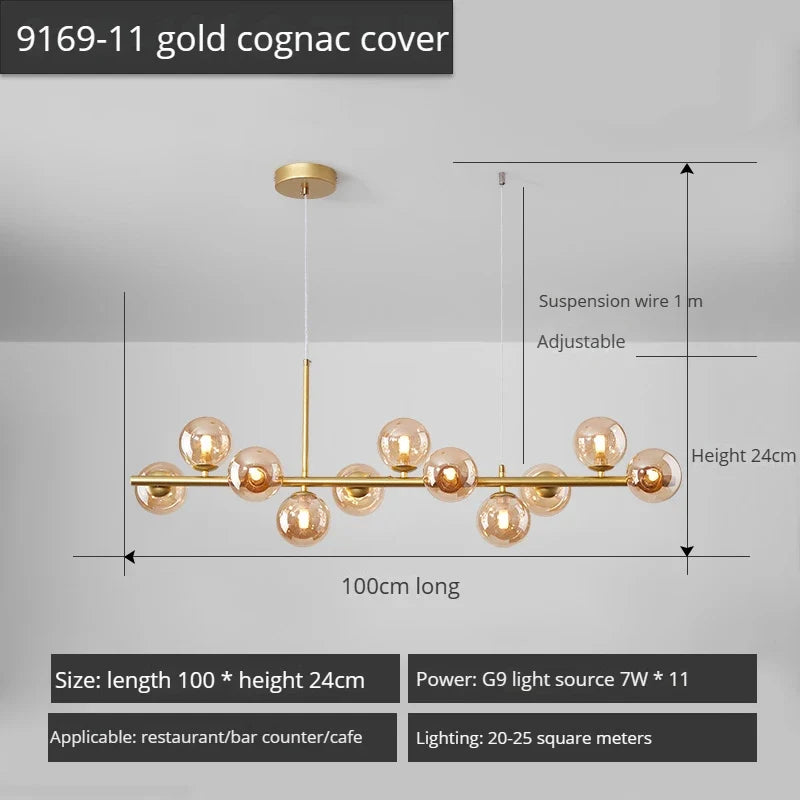 lustre long moderne en boule de verre abat-jour suspendu décoration led