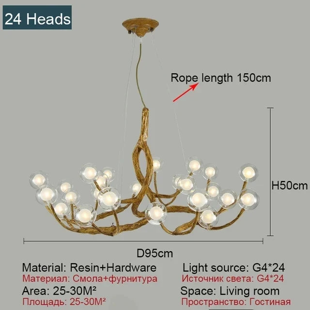lustre nordique en résine imitation branche avec boule de verre
