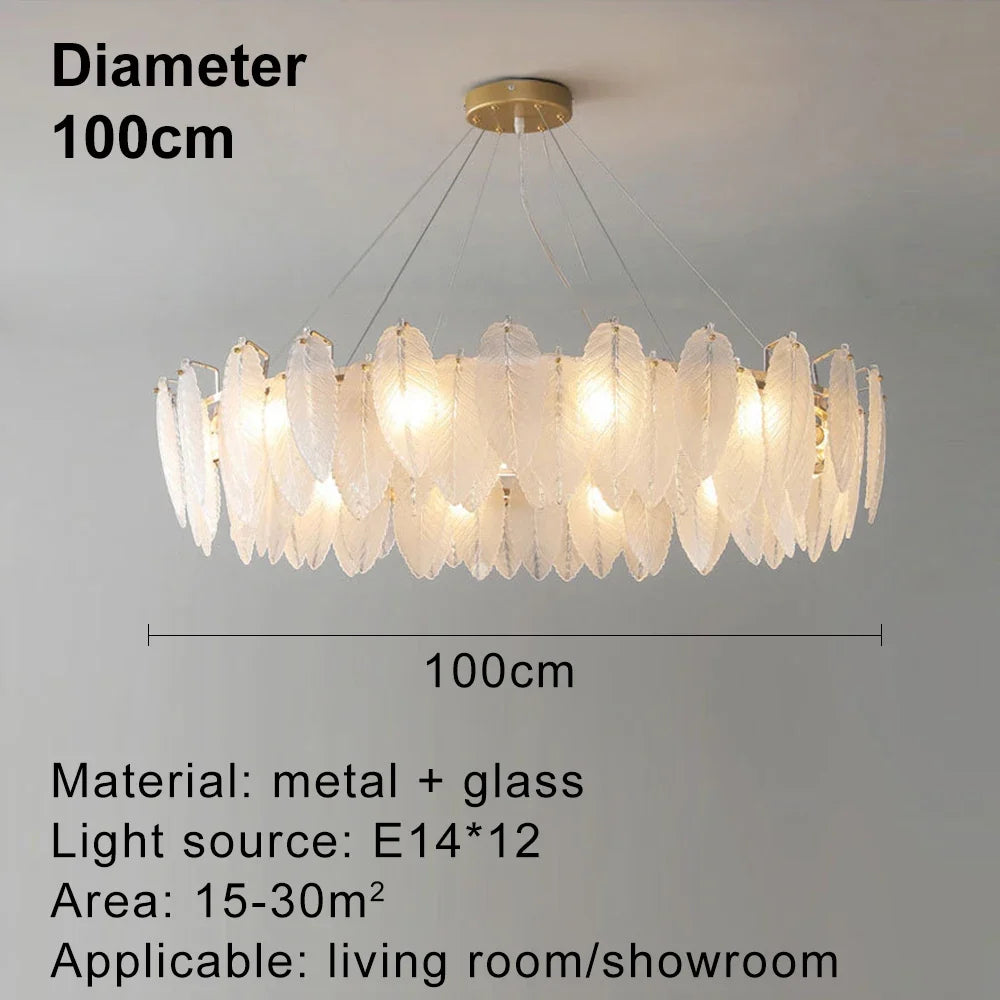 lustre moderne en verre avec plumes et lumière LED