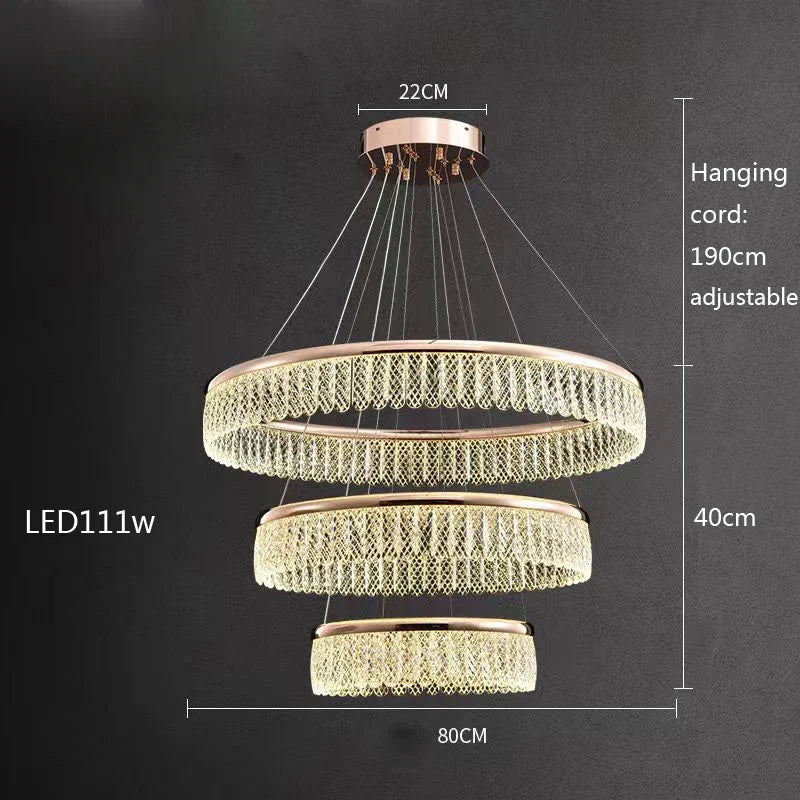lustre led en cristal losange rond à plusieurs anneaux luxueux