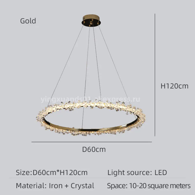 lustre en cristal de luxe avec anneau doré lumineux et élégant