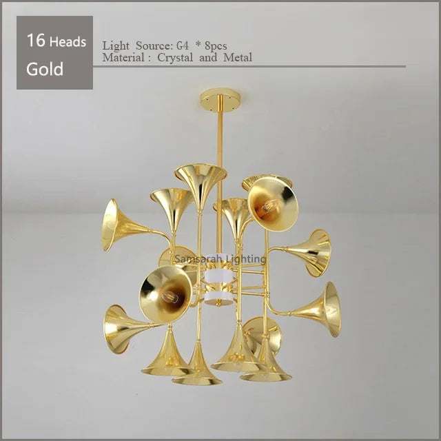 lustre trompette dorée à plusieurs têtes design moderne