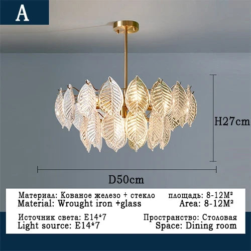lustre moderne en verre suspendu avec décoration de feuilles