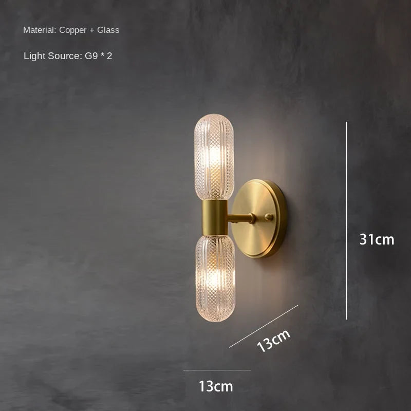 Simple All Copper Straight Glass Wall Lamp, Bathroom Mirror in Front of Light Luxury Living Room Balcony Bedroom LED Lighting