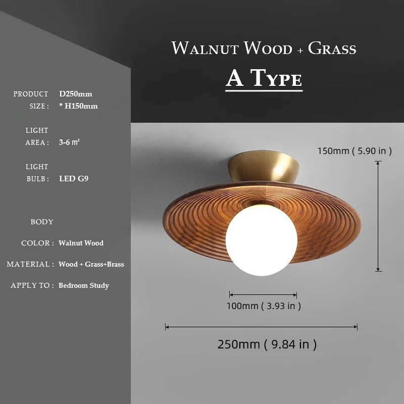 Walnut wood Brass lighting, Modern Minimalism Wabi-sabi Style, Ceiling light for Porch, Entrance, Corridor, Balcony