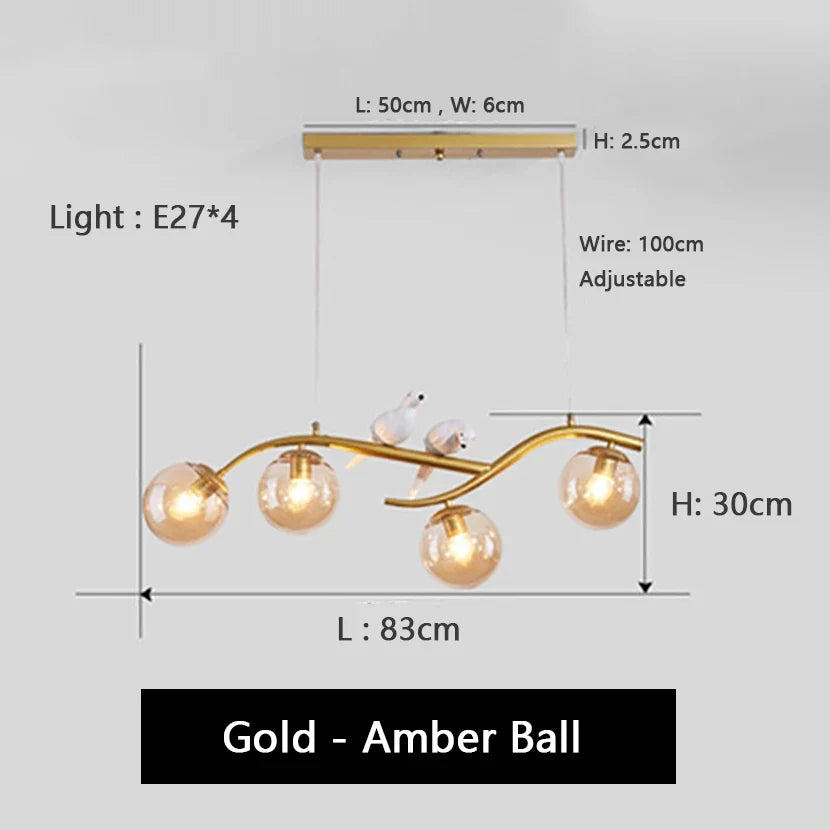 lustre en fer avec oiseau et boule de verre suspendue