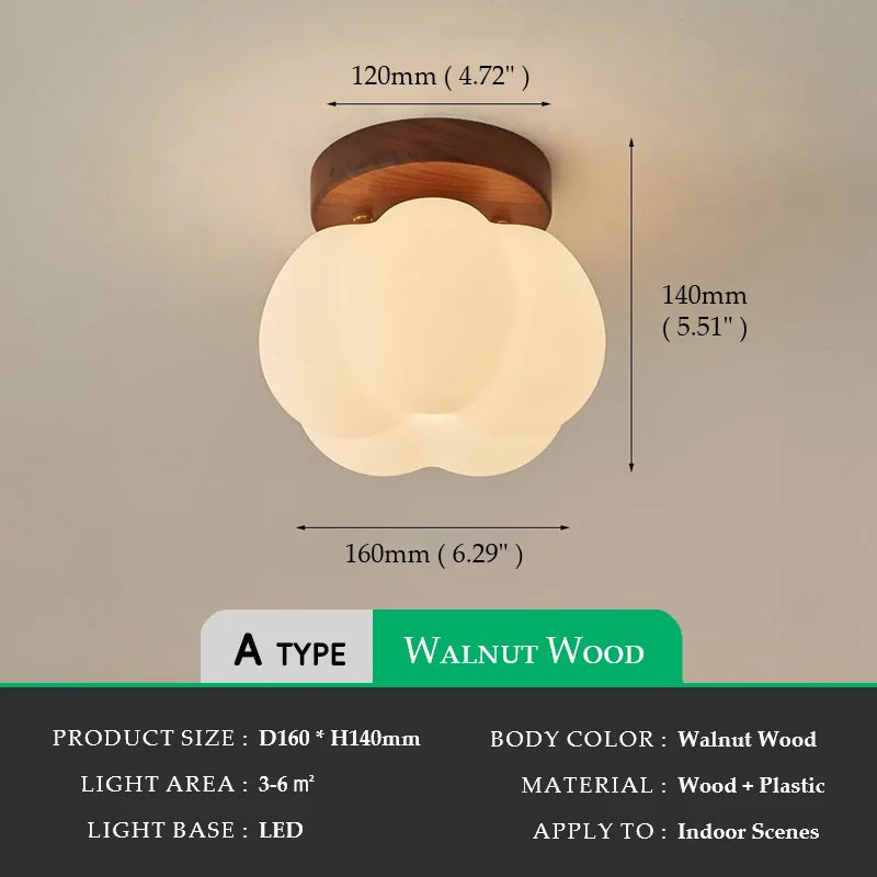 Walnut Wood Roll Molded Pumpkin, Wabi Sabi Modern, Flush Ceiling light fixture for Entrance Hall, Corridor, Balcony, Entrance