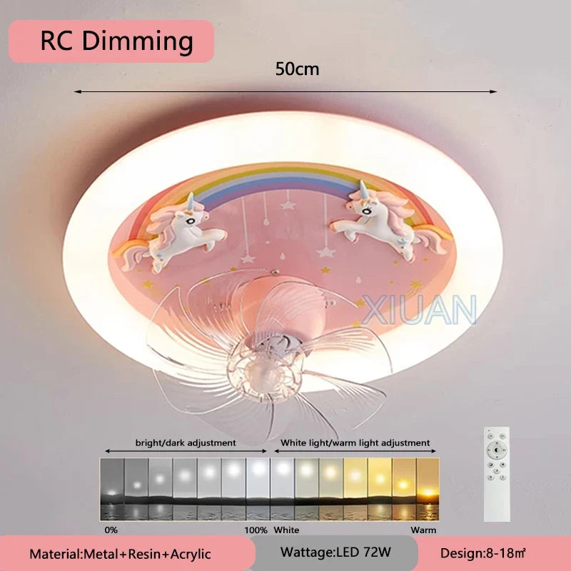 Creative LED Ceiling Light with Fan Pink Princess Children's Room Bedroom Ceiling Fan Resin Unicorn Rainbow Remote Control 220V