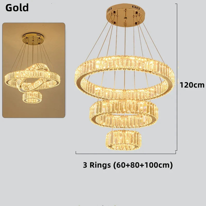 lustre moderne en cristal avec anneaux réglables pour décoration intérieure