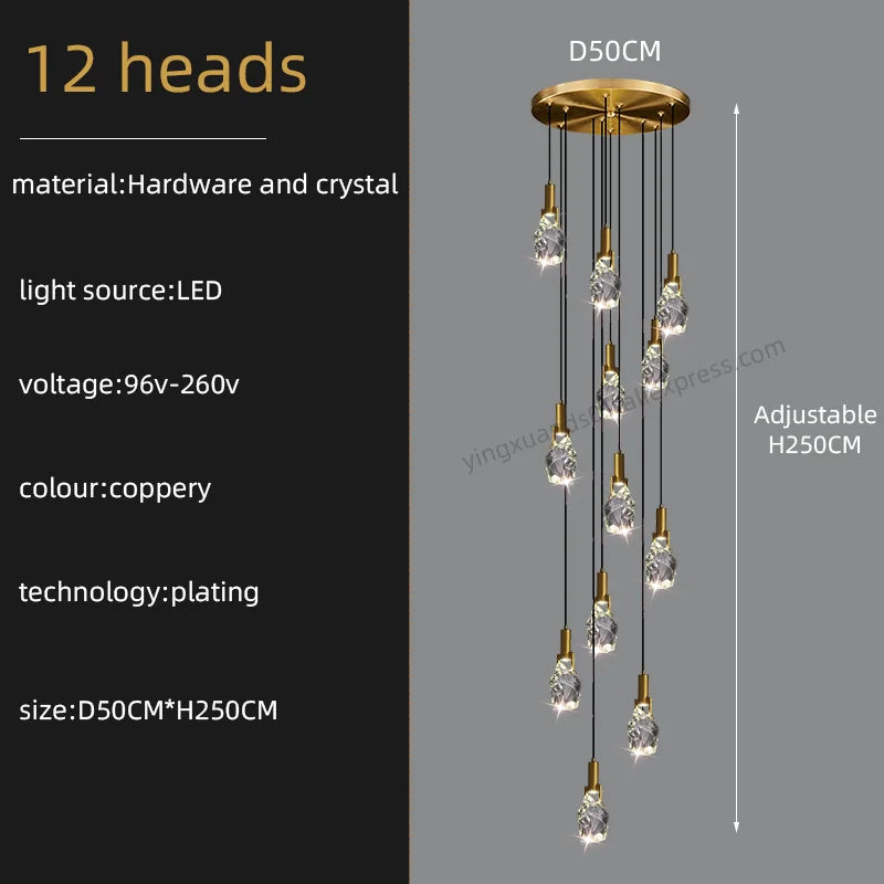 lustre moderne créatif en cristal pour escalier colimaçon