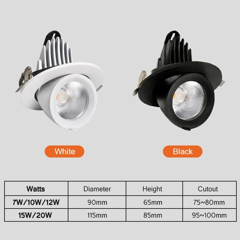 spot LED Downlight Dimmable 360 degrés Angle rotatif plafond encastré 7W 10W 20W AC 110V/220V pour chambre couloir maison