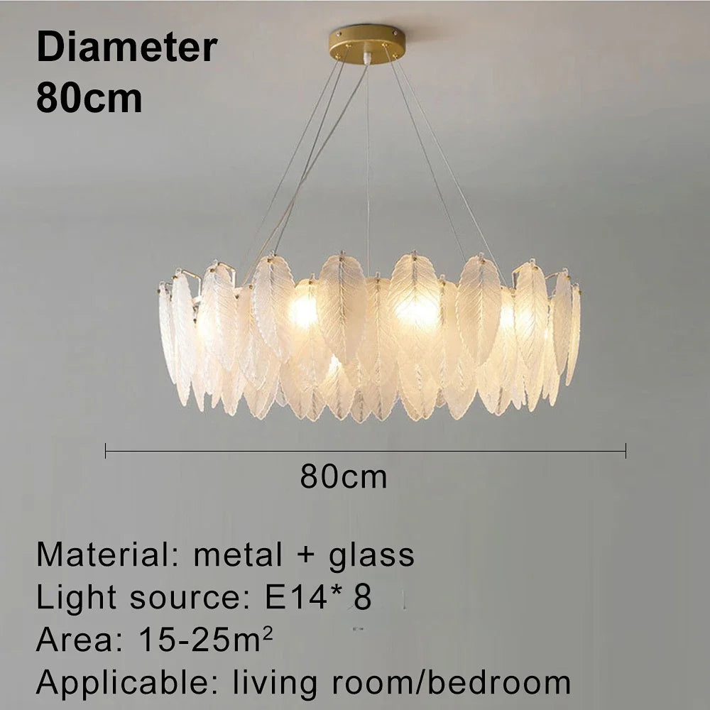 lustre moderne en verre avec plumes et lumière LED