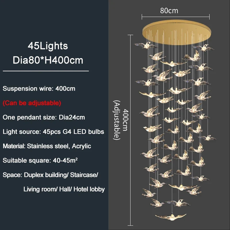YOULAIKE oiseau design led lustre pour escalier de luxe salon suspendu luminaire couloir longue spirale acrylique lampes