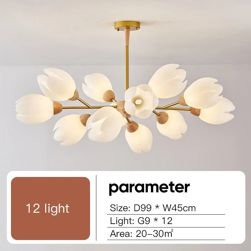 lustre nordique en bois avec lumière en forme de fleur