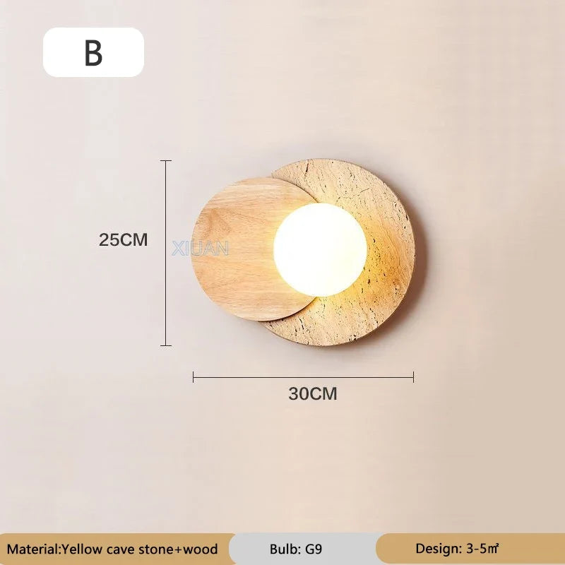 Japanese style Wabi-sabi Round Wall Lamps for Living Room Bedside Aisle Stair Entrance Decor Yellow Cave Stone Solid Wood Light