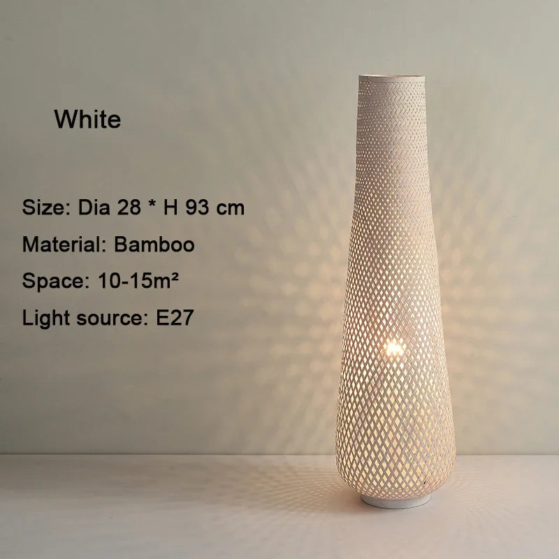 lampadaire cylindrique en bois et osier rétro tissé en bambou