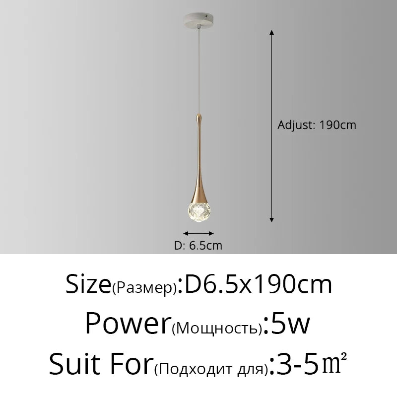 lustre de chevet de luxe en cristal suspendu à tête unique