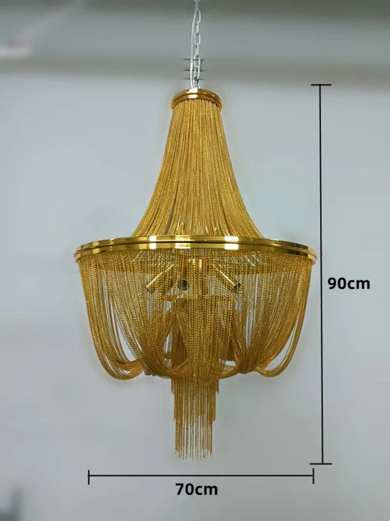 lustre moderne à pampilles en aluminium doré avec chaîne décorative