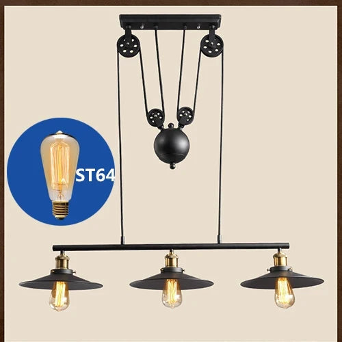 suspension industrielle vintage à 3 têtes avec poulie en fer