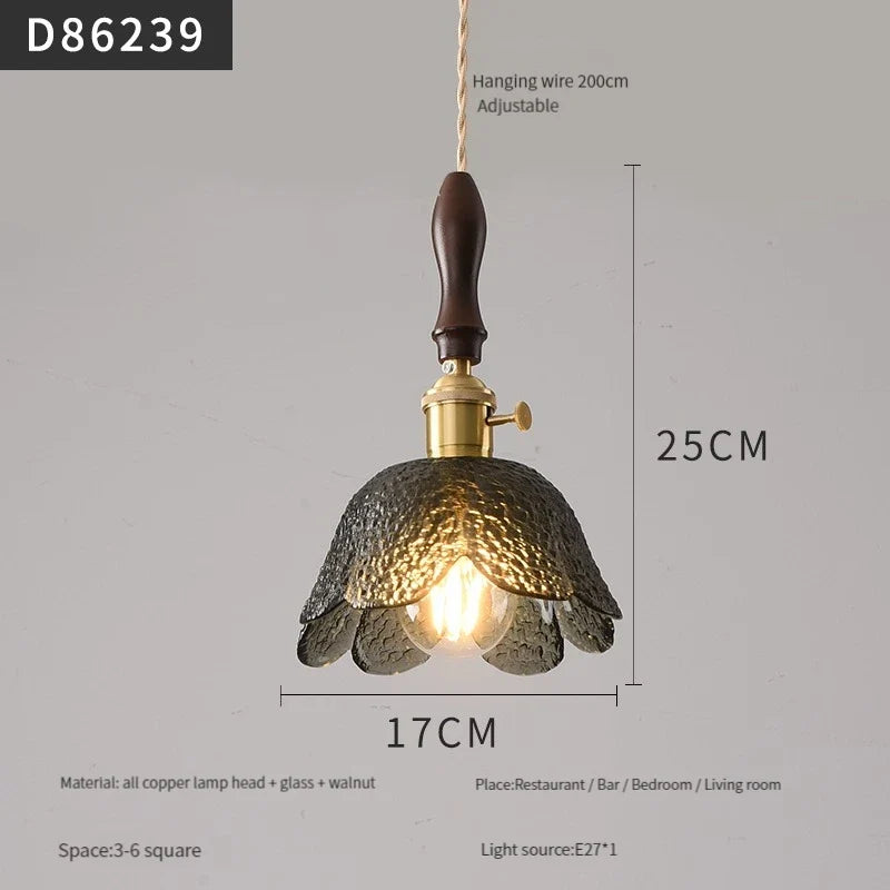suspension moderne en laiton avec abat-jour rustique en verre de noyer