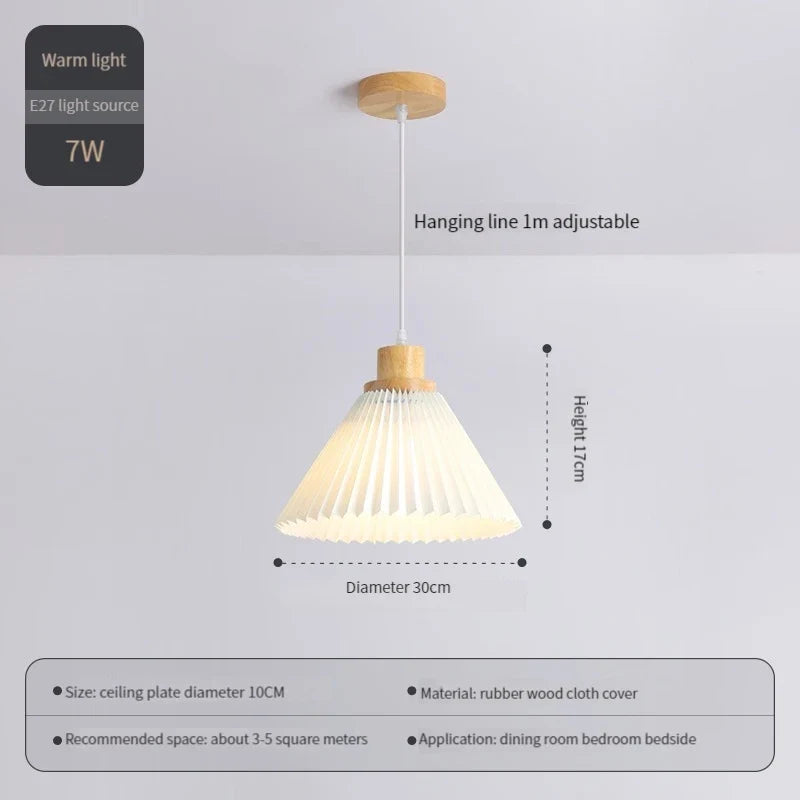 lustre nordique moderne en tissu plissé avec base en bois