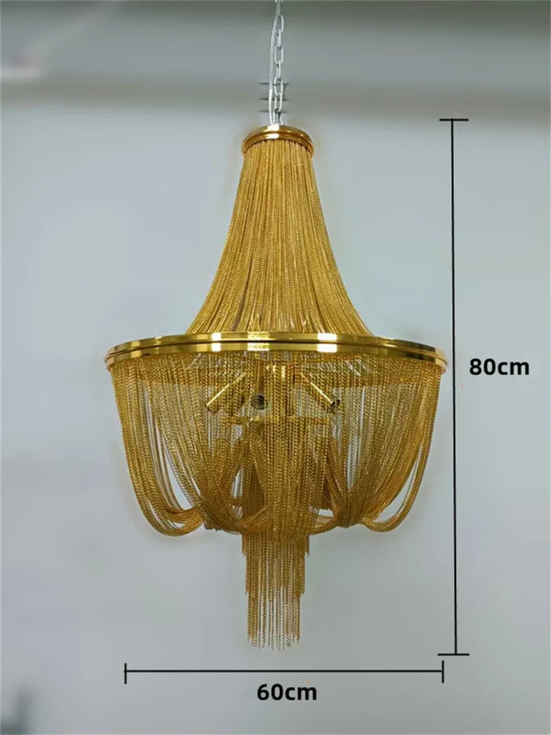lustre moderne à pampilles en aluminium doré avec chaîne décorative