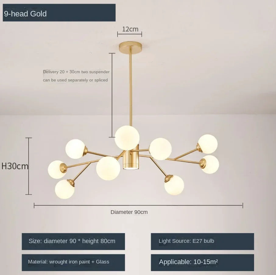 lustre nordique à led avec boule de verre pour luminaires suspendus