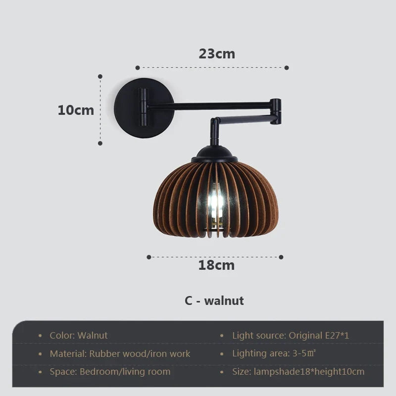 applique murale rotative en bois avec bras pivotant réglable