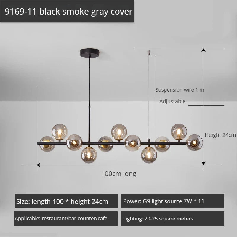 lustre long moderne en boule de verre abat-jour suspendu décoration led