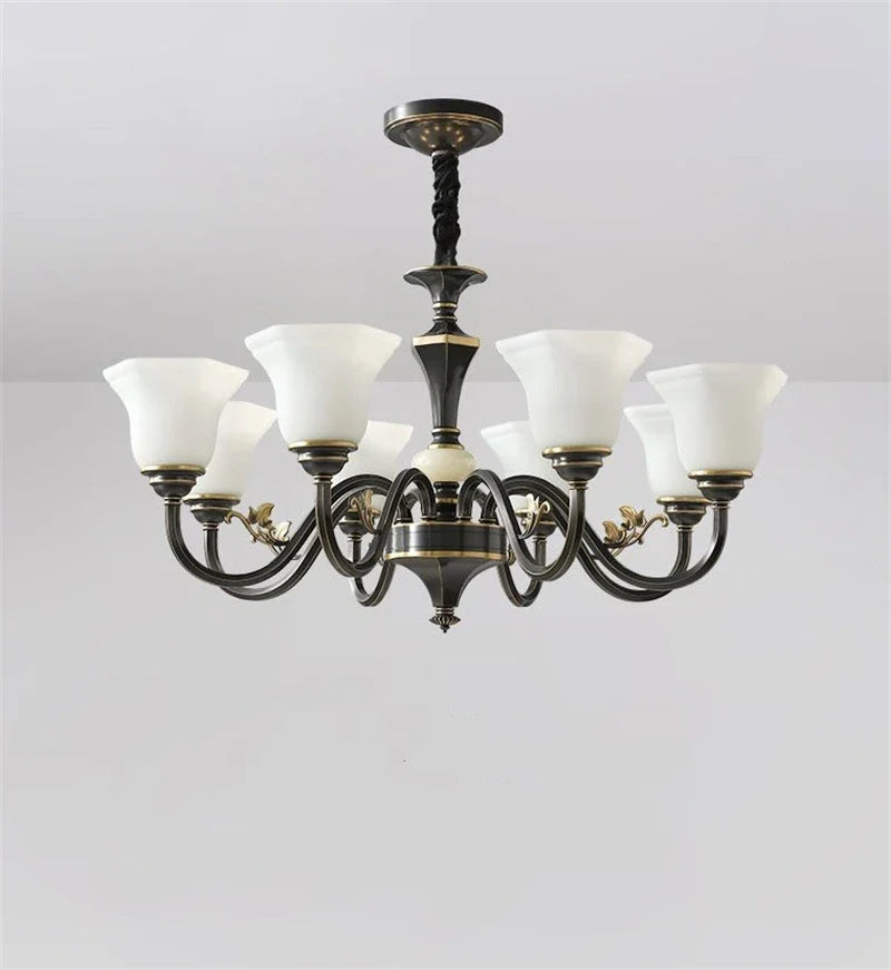 lustre vintage en cuivre avec abat-jour en verre dépoli