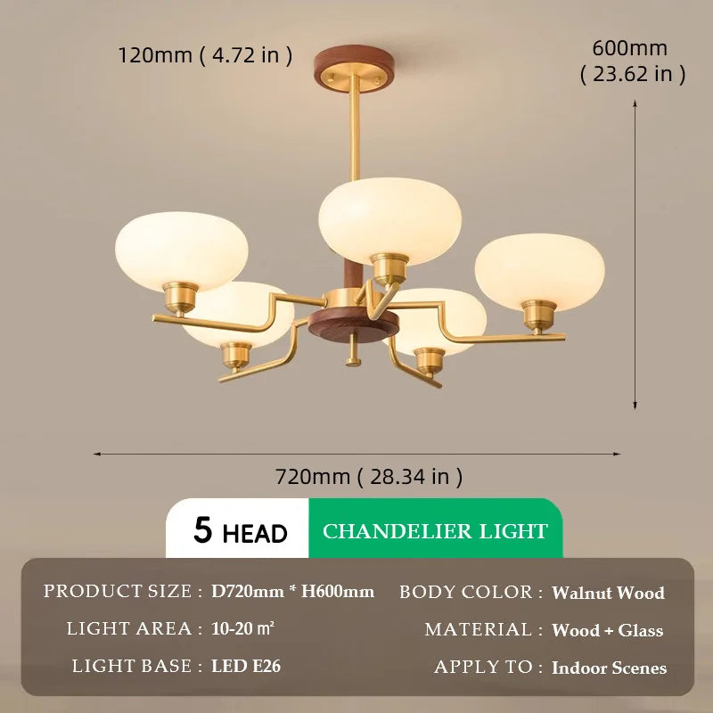 Walnut Wood Glass Brass, Wabi-sabi Modern Vintage style, chandelier lights for Living room, Bedroom, dining room, study